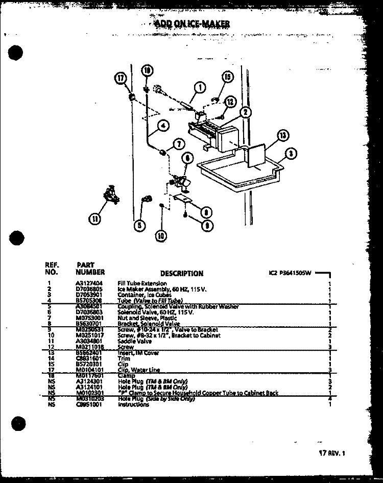 ADD ON ICE - MAKER Diagram and Parts List for IC2 P3641505W Amana Refrigerator
