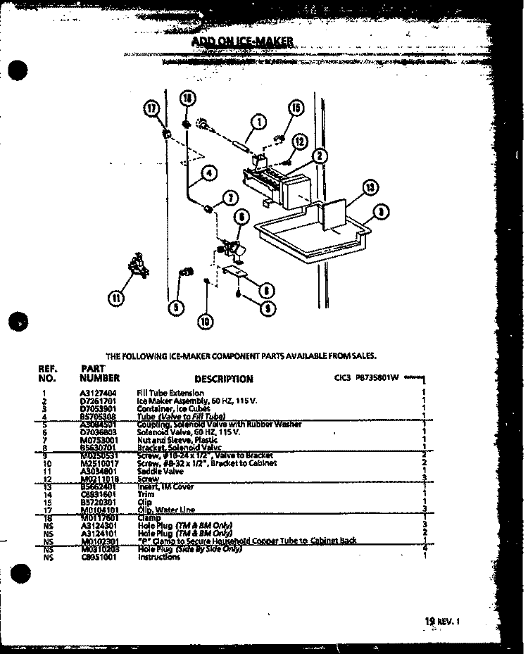 ADD ON ICE - MAKER Diagram and Parts List for CIC3 P8735801W Amana Ice Maker