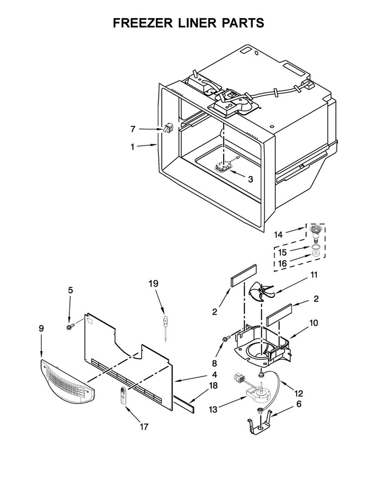 Freezer Liner Parts Diagram and Parts List for MFT2776FEZ00  Maytag Refrigerator