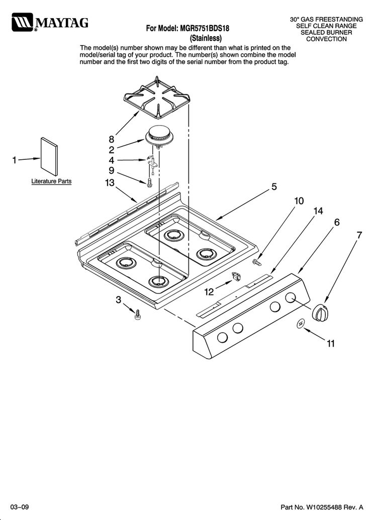 Cooktop Parts Diagram and Parts List for MGR5751BDS18  Maytag Range