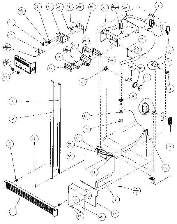 Refrigerator, Freezer Controls, And Cabinet Diagram and Parts List for 35541-P1121709W  Amana Refrigerator