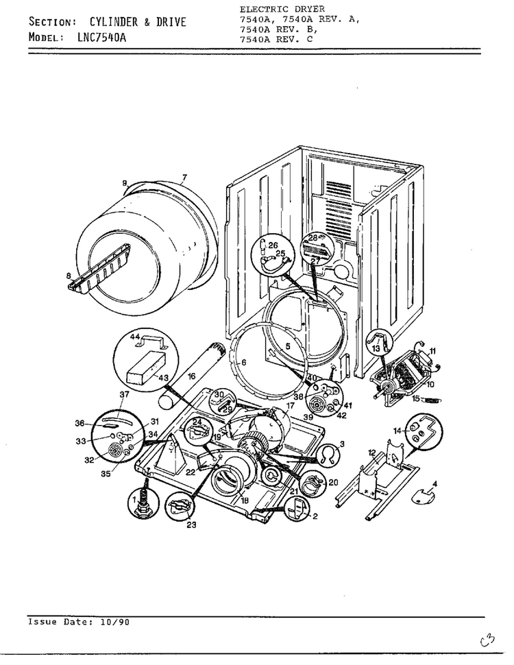 Cylinder And Drive Diagram and Parts List for 7540A REV C Norge Dryer