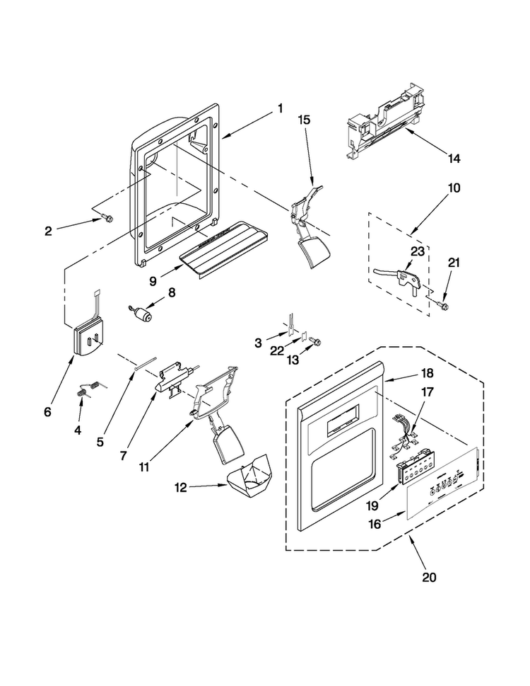 Dispenser Front Parts Diagram and Parts List for MSD2542VES04  Maytag Refrigerator