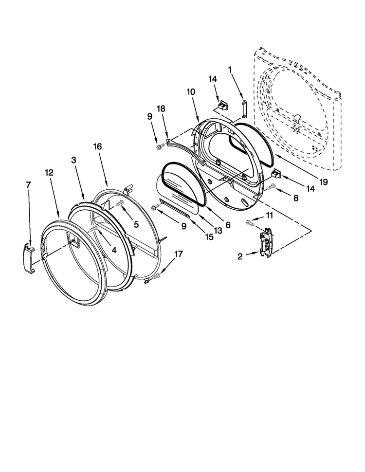 Door Parts Diagram and Parts List for MDG25PRAWW1  Maytag Dryer