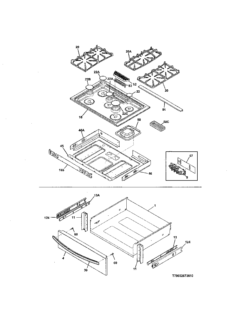Top/Drawer Diagram and Parts List for 79032673610  Kenmore Range