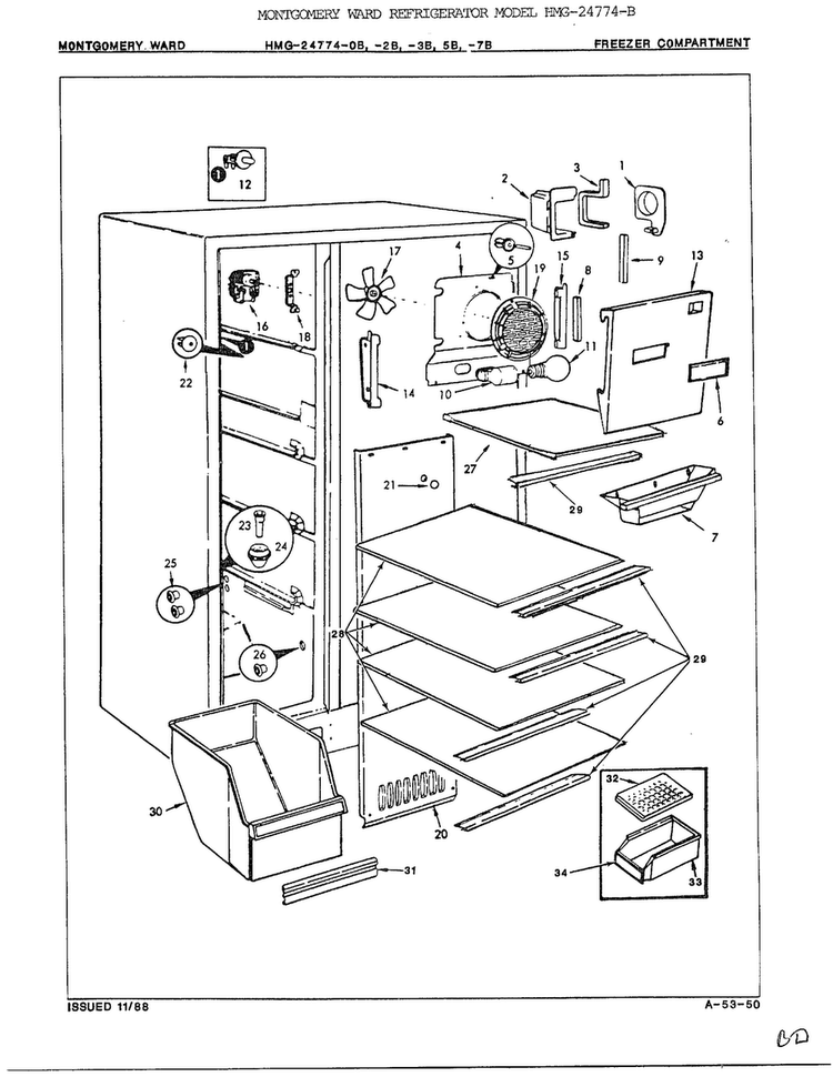 Freezer Compartment Diagram and Parts List for 2477AB  Admiral Refrigerator