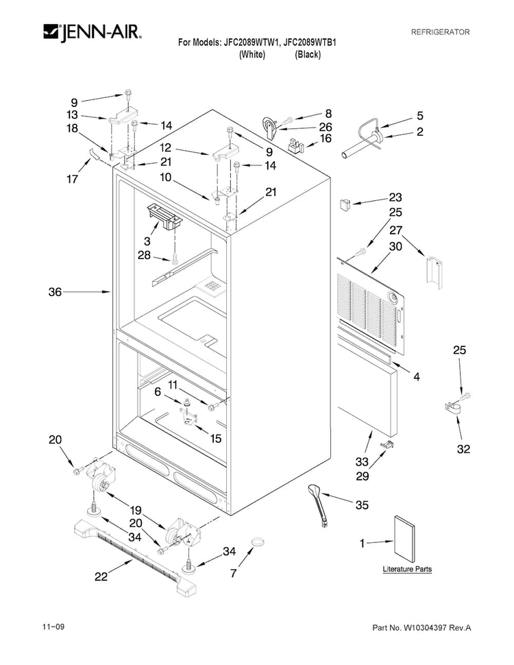 Cabinet Parts Diagram and Parts List for JFC2089WTB1  Jenn-Air Refrigerator