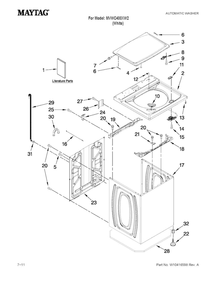 Top And Cabinet Parts Diagram and Parts List for MVWC400XW2  Maytag Washer