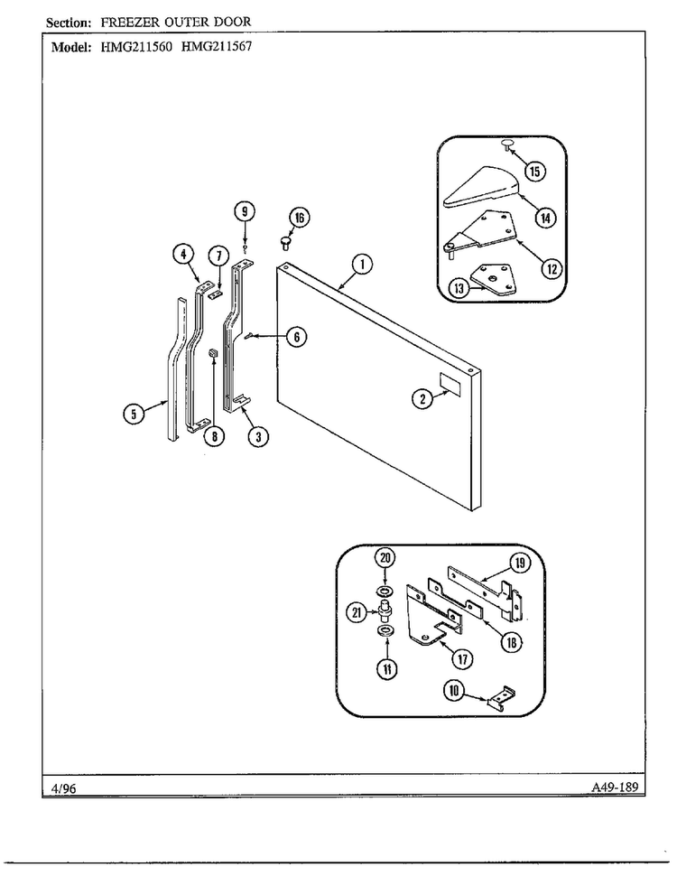 Freezer Outer Door Diagram and Parts List for HMG-211560  Admiral Refrigerator