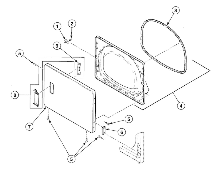 Door Assy Diagram and Parts List for SDGH09WJ  Speed Queen Dryer
