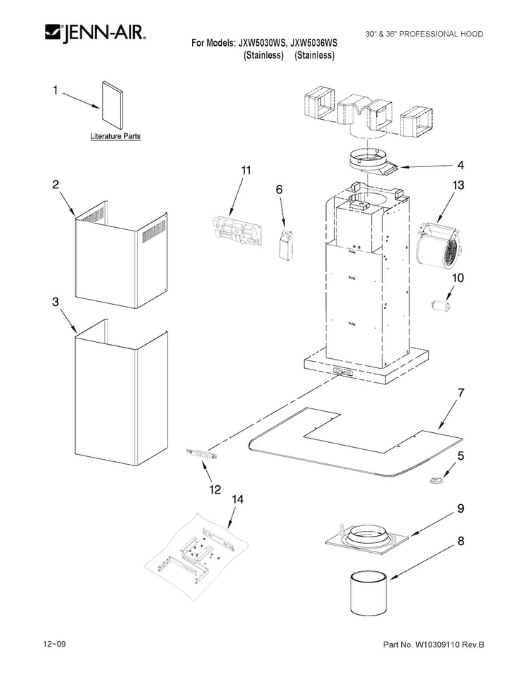 Hood Parts Diagram and Parts List for JXW5036WS  Jenn-Air Range Hood