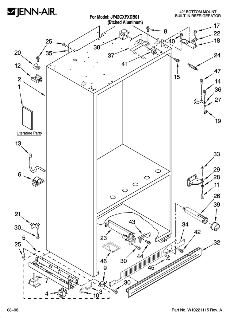 Cabinet Parts Diagram and Parts List for JF42CXFXDB01  Jenn-Air Refrigerator