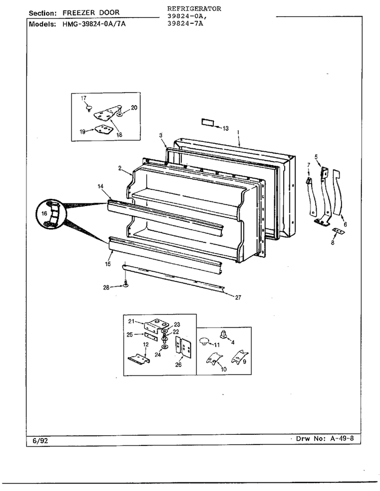 Freezer Door Diagram and Parts List for 39824-7A  Admiral Refrigerator