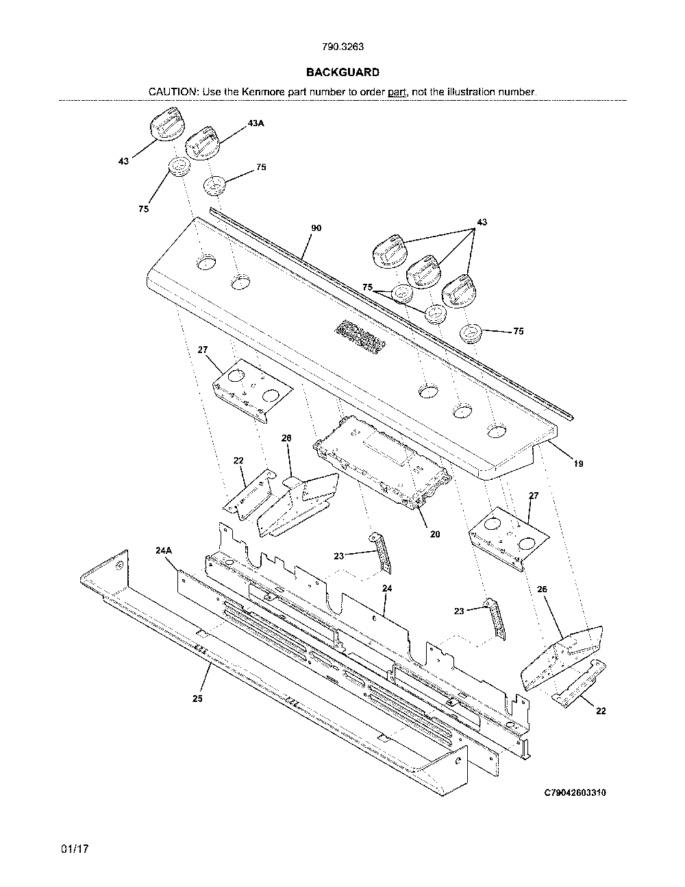 Backguard Diagram and Parts List for 7903263931A  Kenmore Range