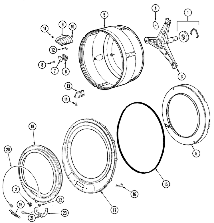 Spinner Assembly & Outer Tub Cover Diagram and Parts List for PVTEST1Q  Maytag Washer