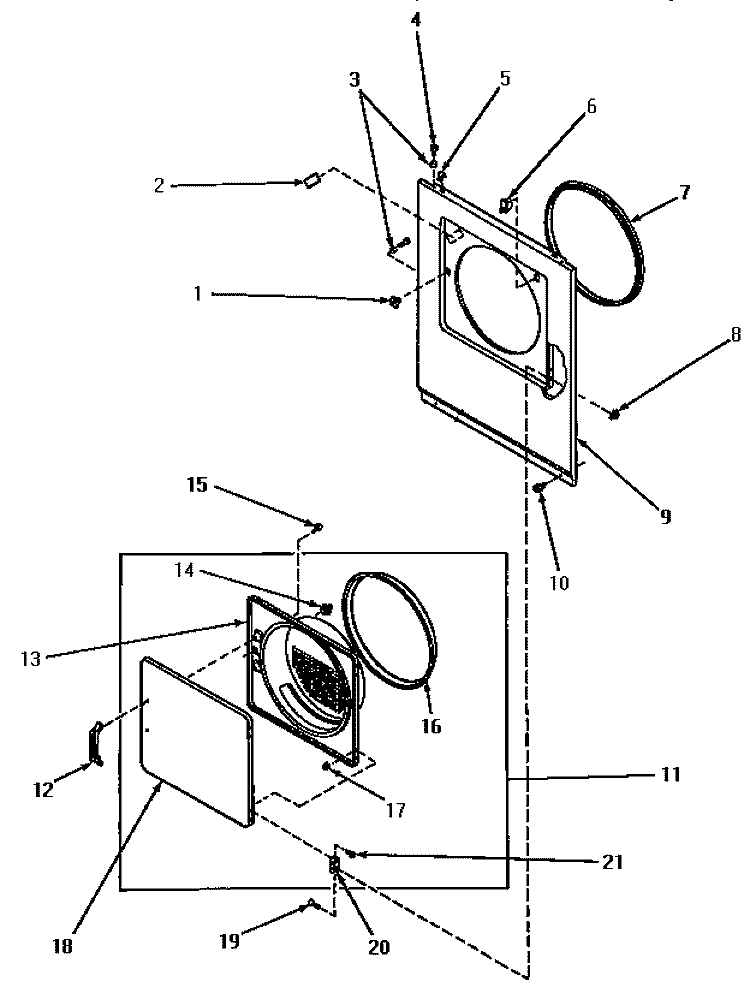 LOADING DOOR, FRONT PANEL AND SEALS Diagram and Parts List for AE3413  Speed Queen Dryer