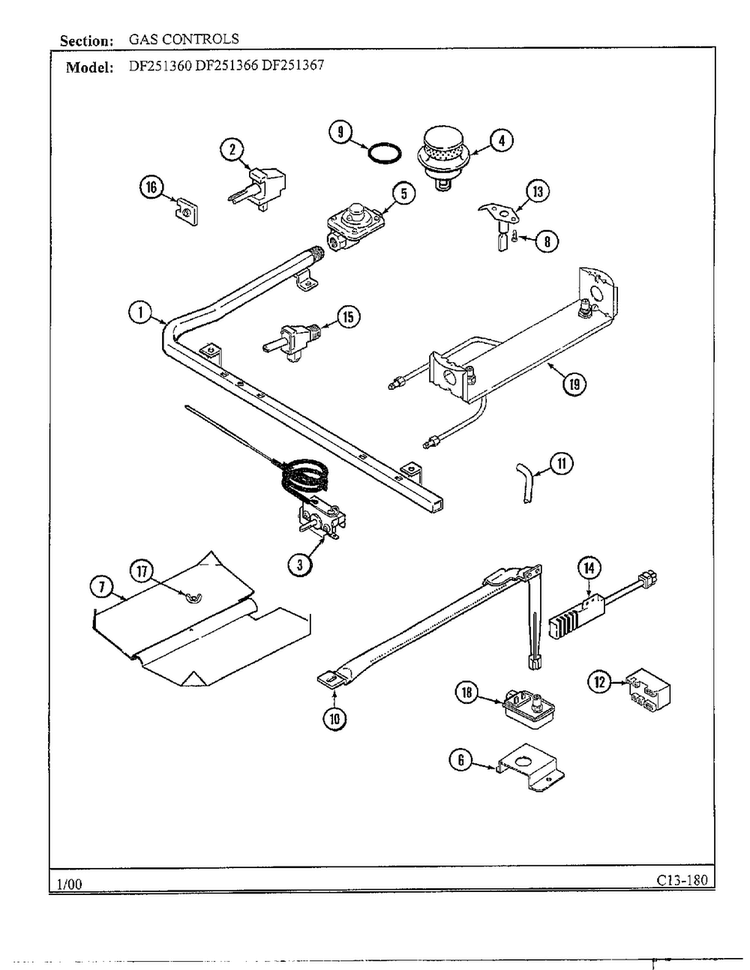 Gas Controls Diagram and Parts List for DF251369  Magic Chef Range