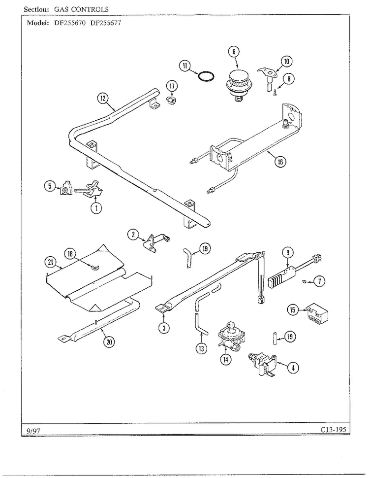 Gas Controls Diagram and Parts List for DF255670  Magic Chef Range