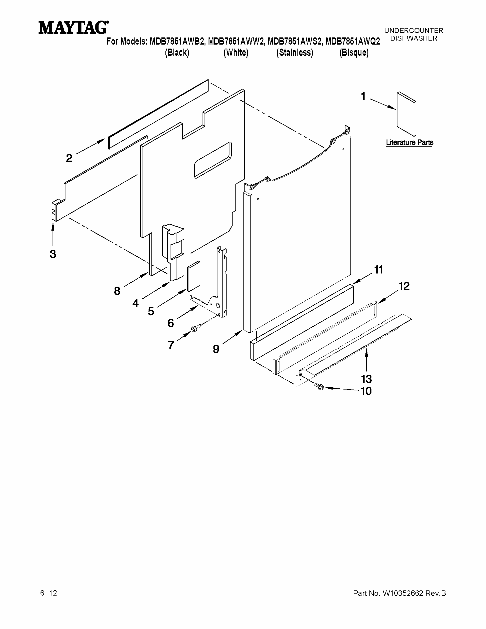 Door And Panel Parts Diagram and Parts List for MDB7851AWS2  Maytag Dishwasher