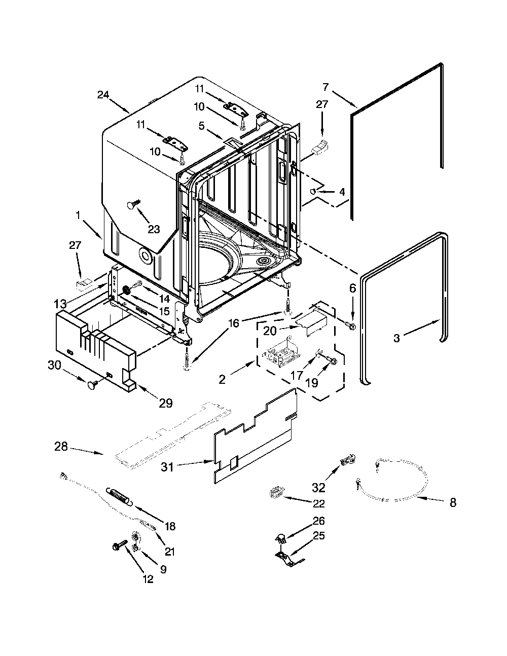 Tub And Frame Parts Diagram and Parts List for 66512833K314  Kenmore Dishwasher