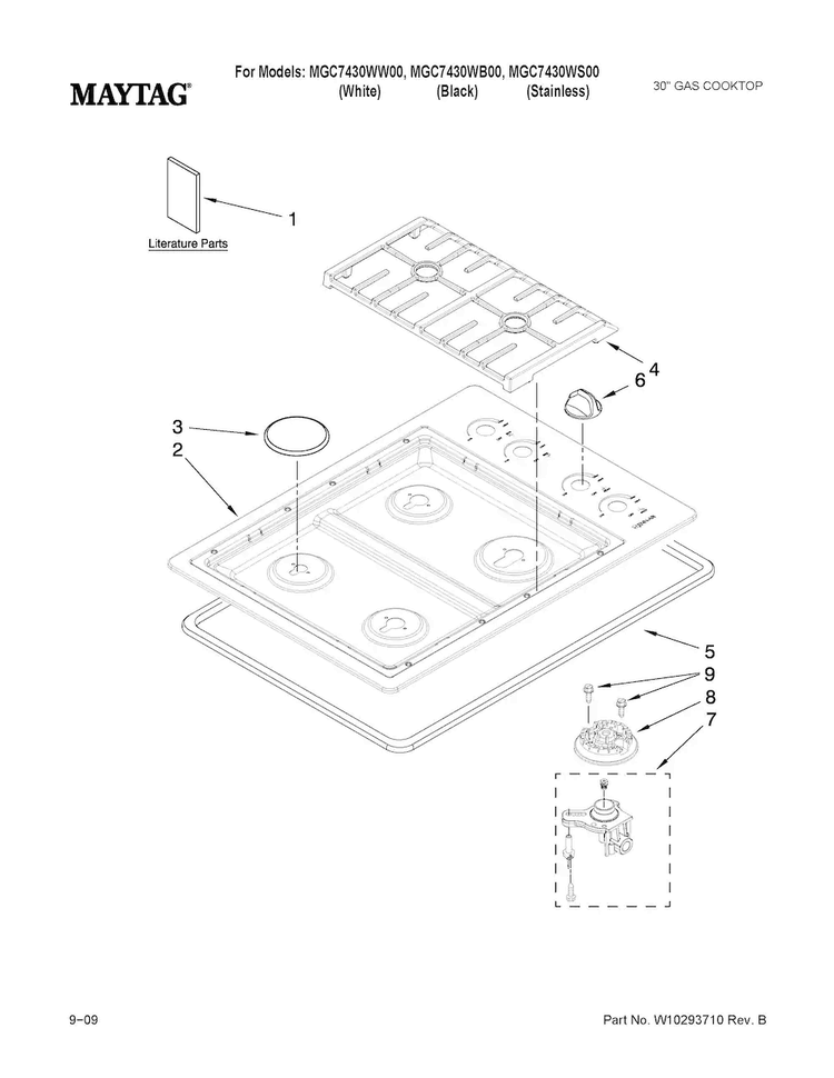 Cooktop, Burner And Grate Parts Diagram and Parts List for MGC7430WW00  Maytag Cooktop