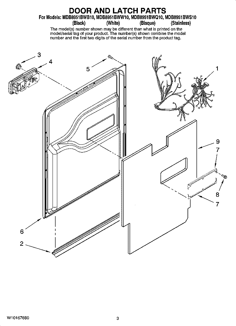 DOOR AND LATCH PARTS Diagram and Parts List for MDB8951BWQ10  Maytag Dishwasher