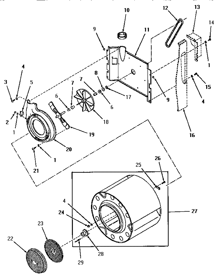 FAN ASSY, DRUM AND LINT SCREEN Diagram and Parts List for HZ1070  Speed Queen Dryer
