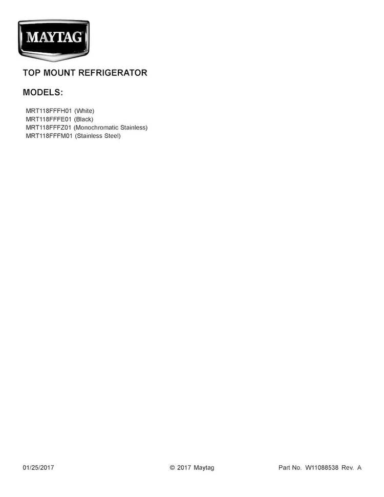 Cover Sheet Diagram and Parts List for MRT118FFFE01  Maytag Refrigerator