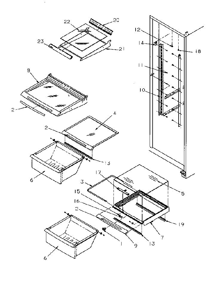 Refrigerator Shelving And Drawers Diagram and Parts List for SXD22S2E-P1190416WE  Amana Refrigerator