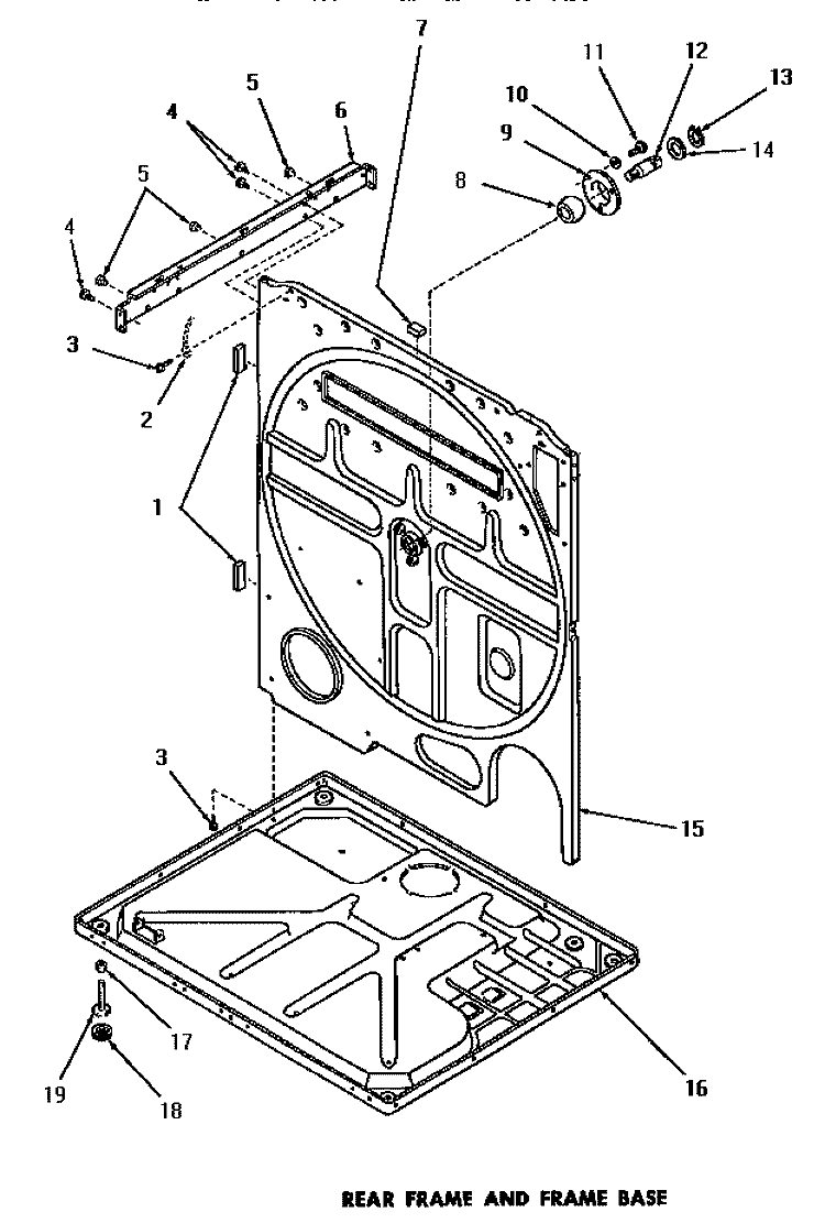 REAR FRAME & FRAME BASE Diagram and Parts List for FG3331  Speed Queen Dryer