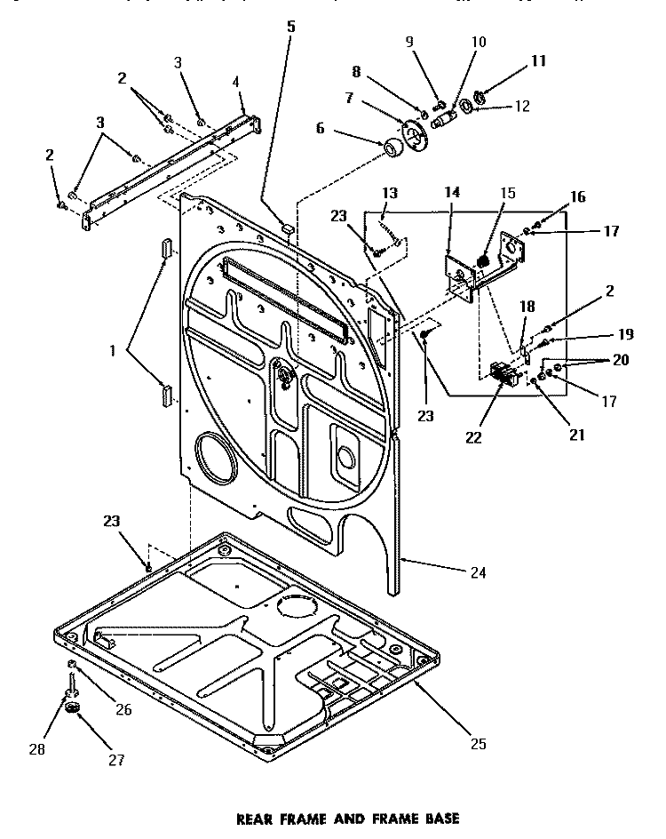 REAR FRAME AND FRAME BASE Diagram and Parts List for DE1020  Speed Queen Dryer