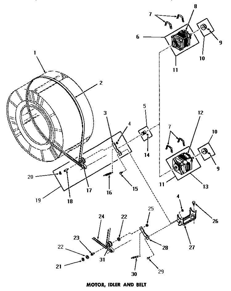 MOTOR, IDLER & BELT Diagram and Parts List for DG1030  Speed Queen Dryer