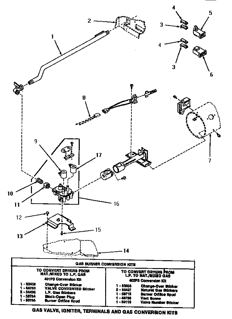 GAS VALVE, IGN, TERM & GAS CONV KITS Diagram and Parts List for HG3009  Speed Queen Dryer