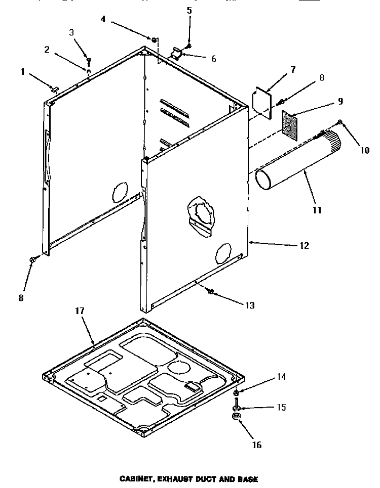 CABINET, EXHAUST DUCT & BASE Diagram and Parts List for HE3060  Magic Chef Dryer
