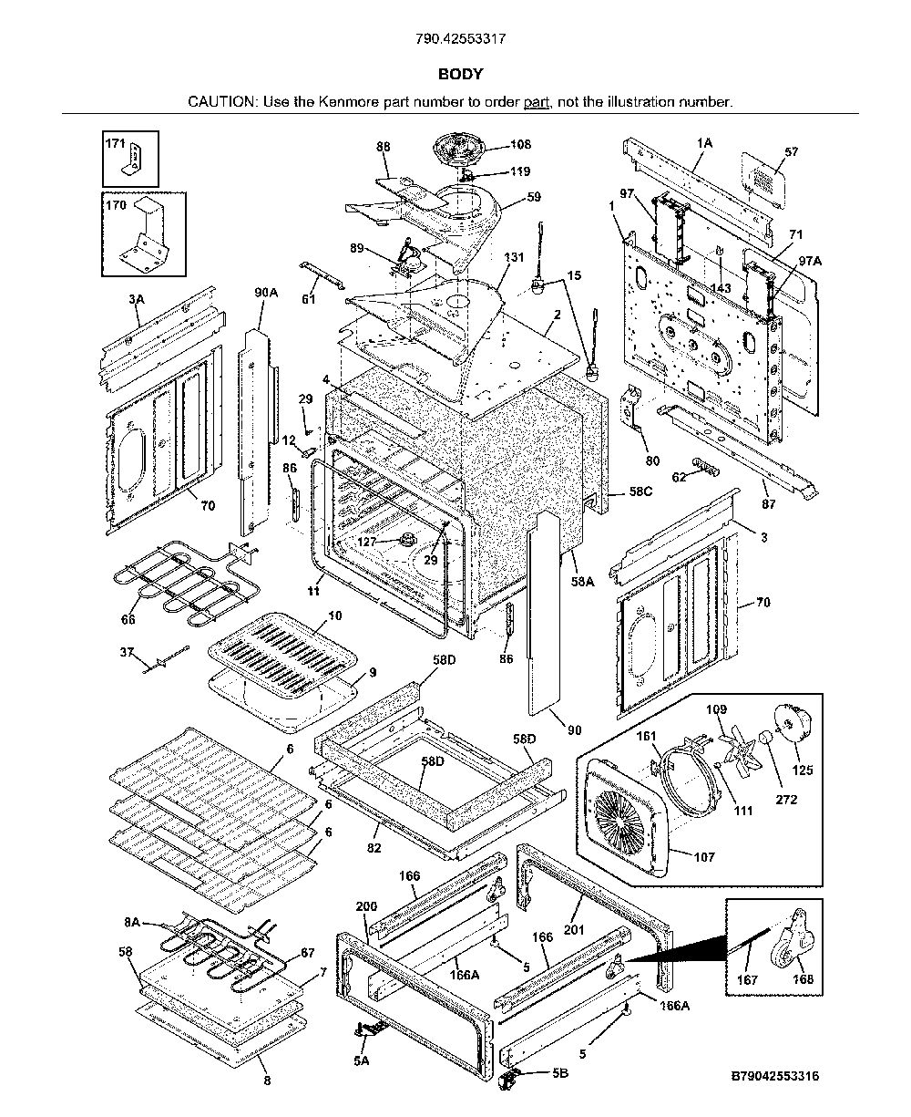 Body Diagram and Parts List for 79042553317  Kenmore Range