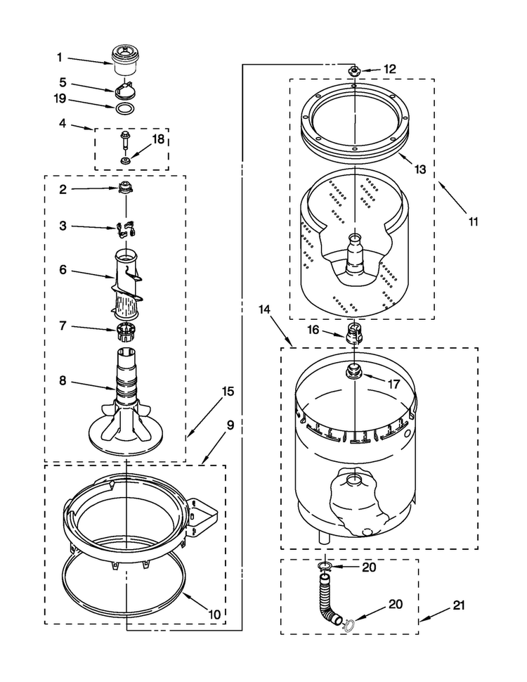 Agitator, Basket And Tub Parts Diagram and Parts List for MGT3800XW1  Maytag Washer Dryer Combo