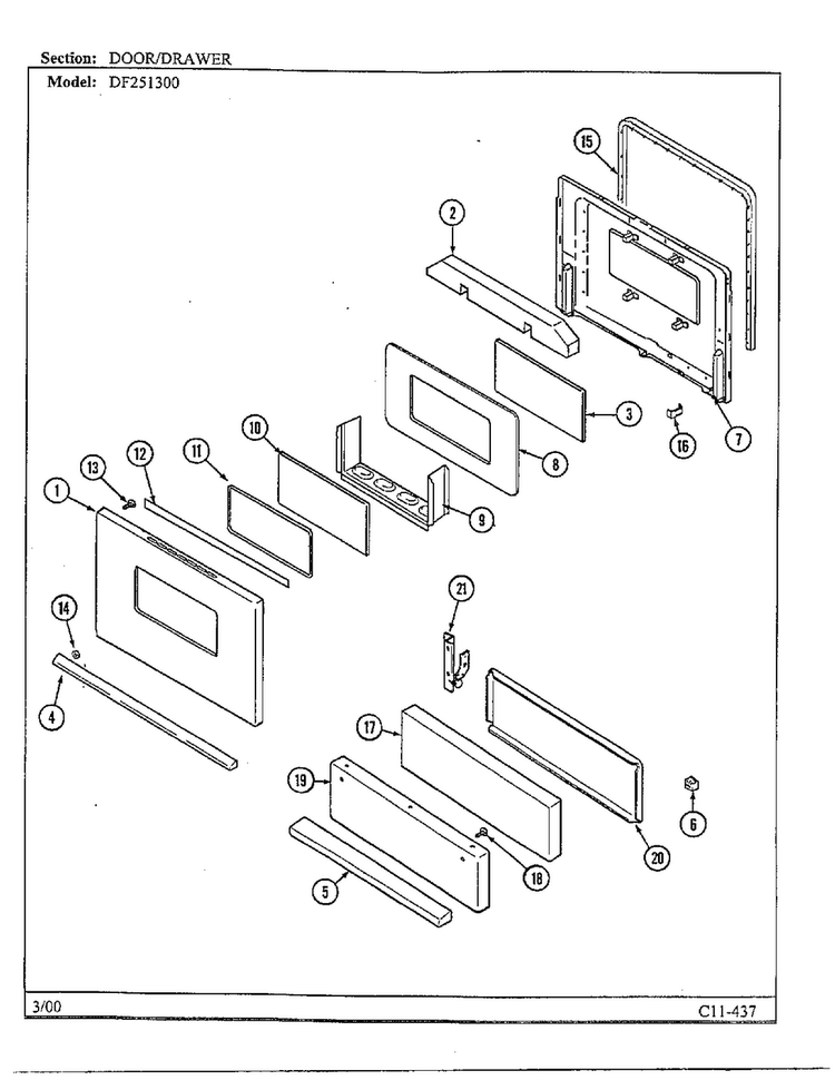 Door/drawer Diagram and Parts List for DF251300  Magic Chef Range
