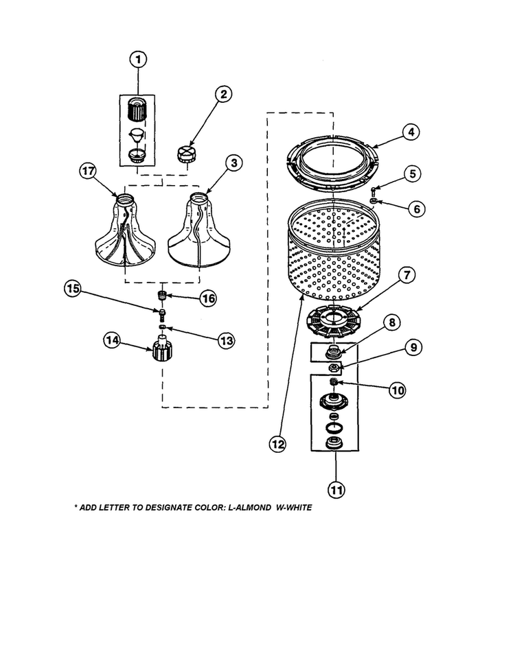 Agitator/washtub Diagram and Parts List for CW4202W2-PCW4202W2B  Amana Washer
