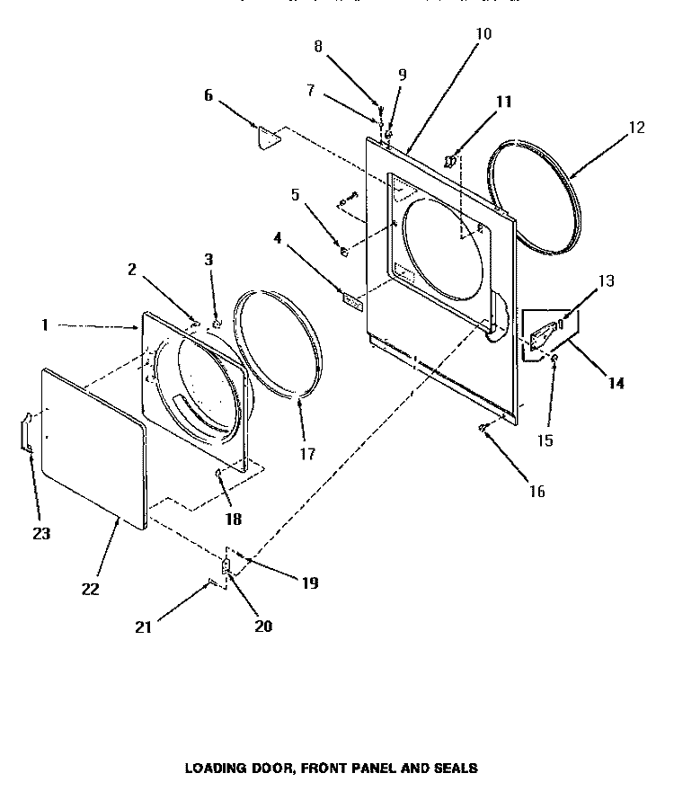 LOADING DOOR, FRONT PANEL & SEALS Diagram and Parts List for FE0080  Speed Queen Dryer