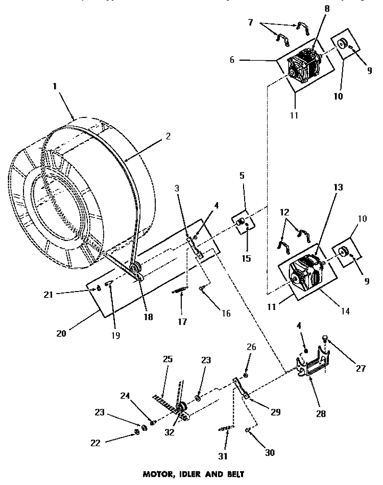 MOTOR, IDLER & BELT Diagram and Parts List for DE3231  Speed Queen Dryer