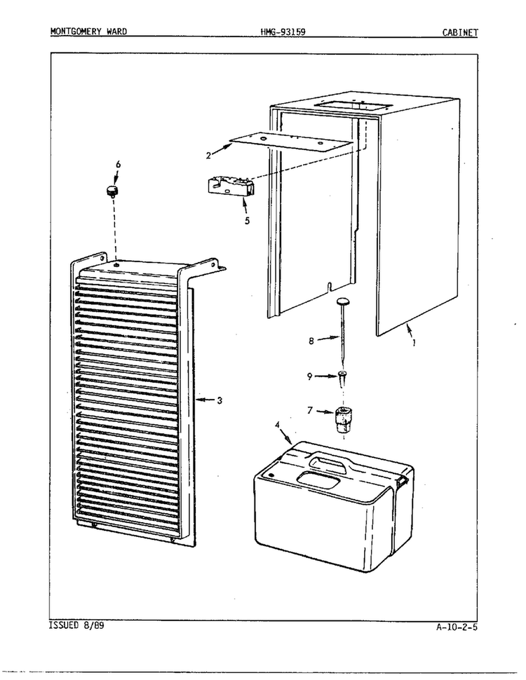 Cabinet/miscellaneous Diagram and Parts List for 93159A  Admiral Dehumidifier