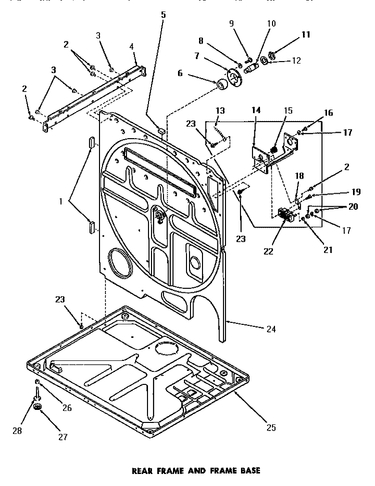 REAR FRAME & FRAME BASE Diagram and Parts List for DE3670  Speed Queen Dryer