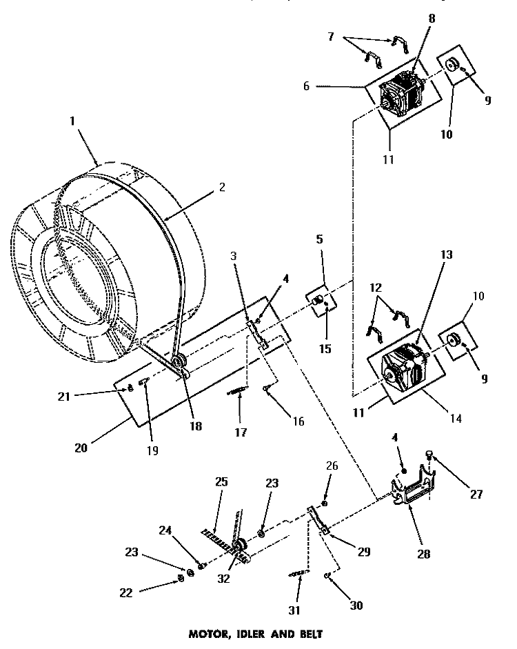 MOTOR, IDLER & BELT Diagram and Parts List for DE6260  Speed Queen Dryer