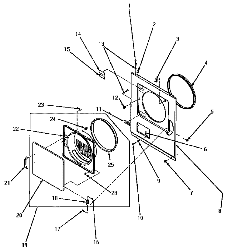 LOADING DOOR, FRONT PANELS & ACCESS DOOR Diagram and Parts List for KE5313  Speed Queen Dryer