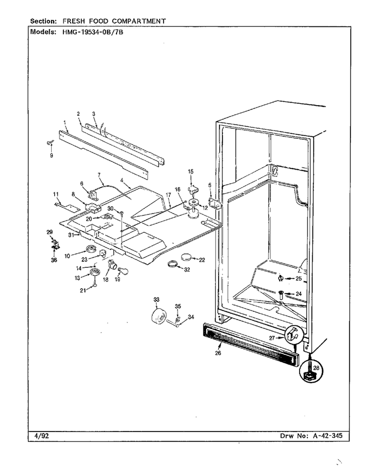 Fresh Food Compartment Diagram and Parts List for 19534-0A  Admiral Refrigerator