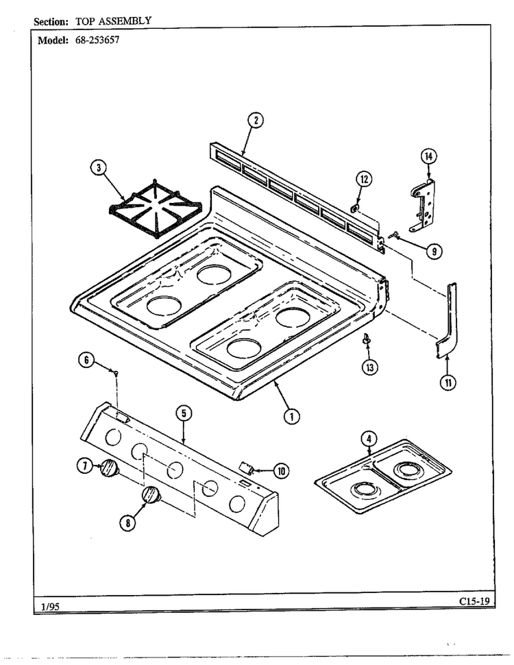 Top Diagram and Parts List for 68-253657  Magic Chef Range