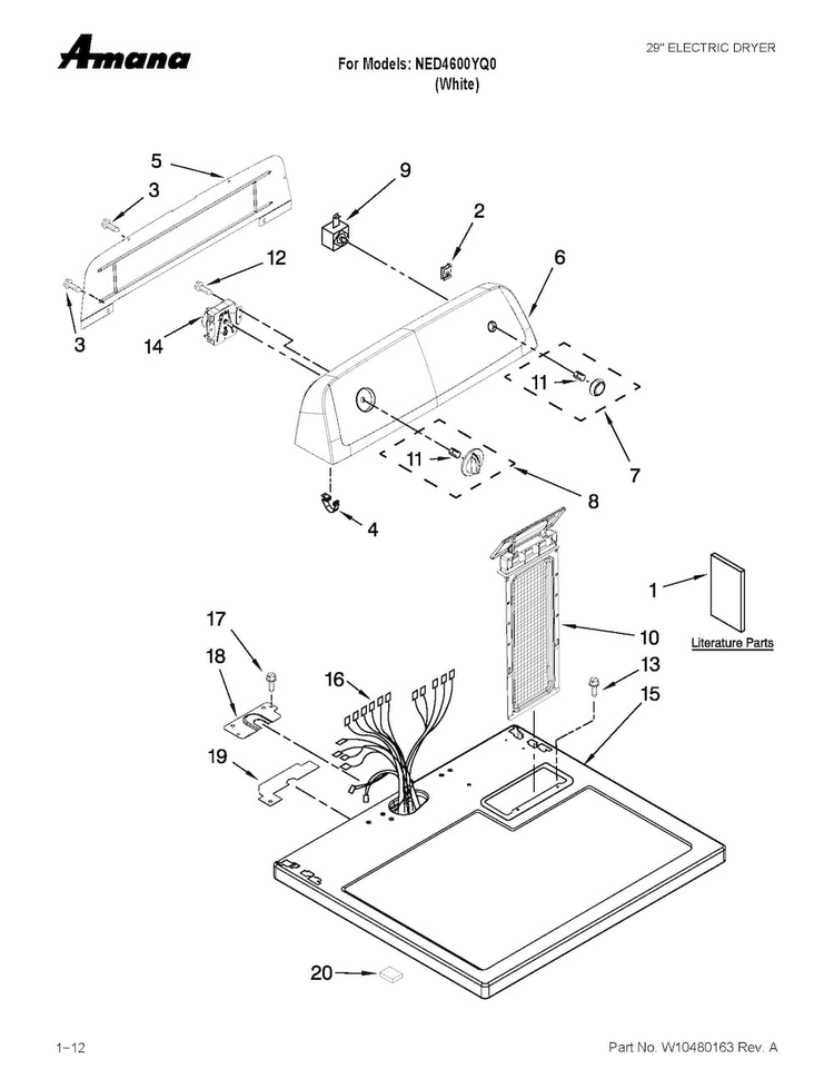 Top And Console Parts Diagram and Parts List for NED4600YQ0  Amana Dryer
