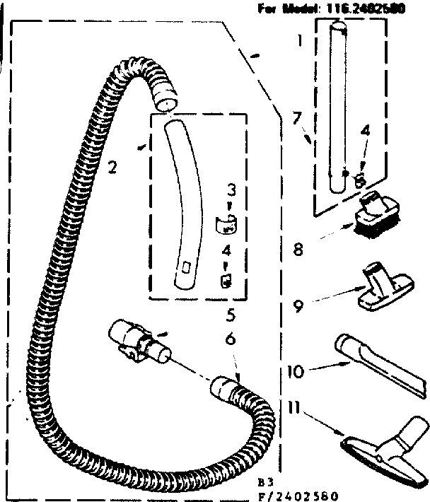Hose And Attachment Parts Diagram and Parts List for 1162402580  Kenmore Canister Vacuum