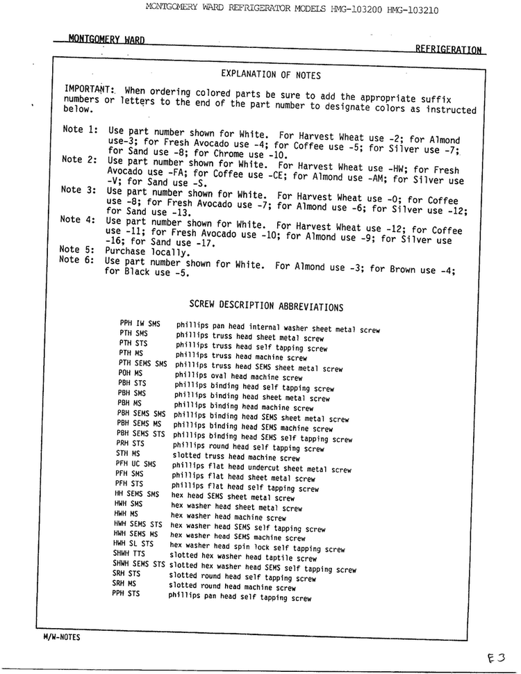 Refrigeration, Screw Description Abbreviations Diagram and Parts List for 103200  Admiral Refrigerator