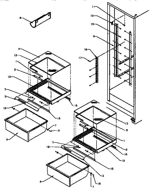 Refrigerator Shelving And Drawers Diagram and Parts List for SXD25A-P1162436W  Amana Refrigerator
